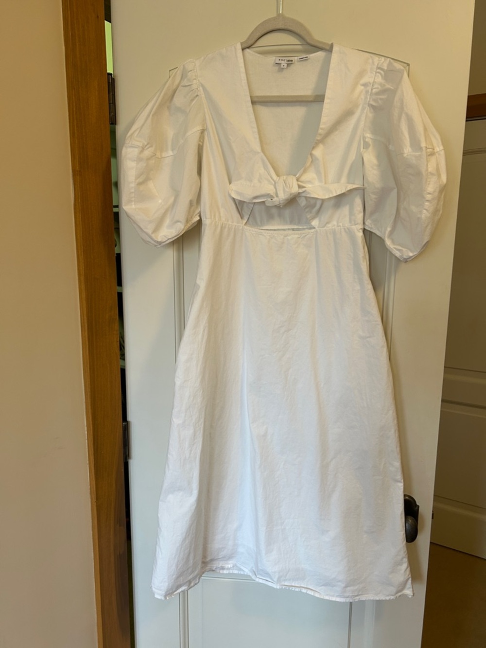 RHODE White Cotton Dress Umpire Waist Puff Sleeves With Front Tie and Cut Out